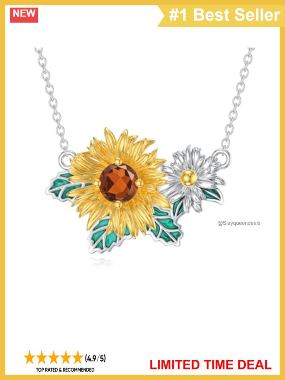 925 Sterling Silver Sunflower Daisy Pendant Necklace Smoky Quartz 18in